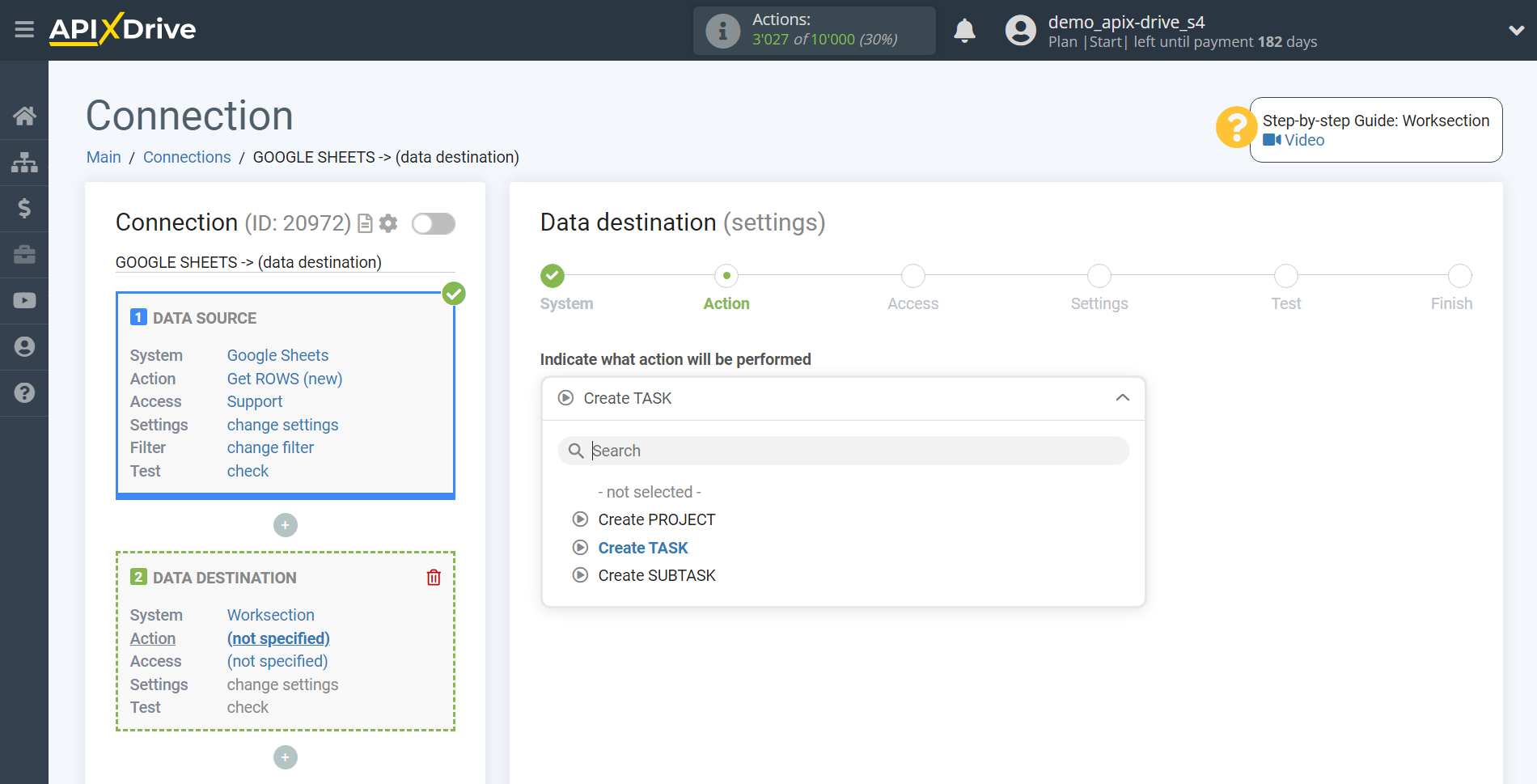 How to Connect Worksection as Data Destination | Action selection How to Connect Worksection as Data Destination | Action selection