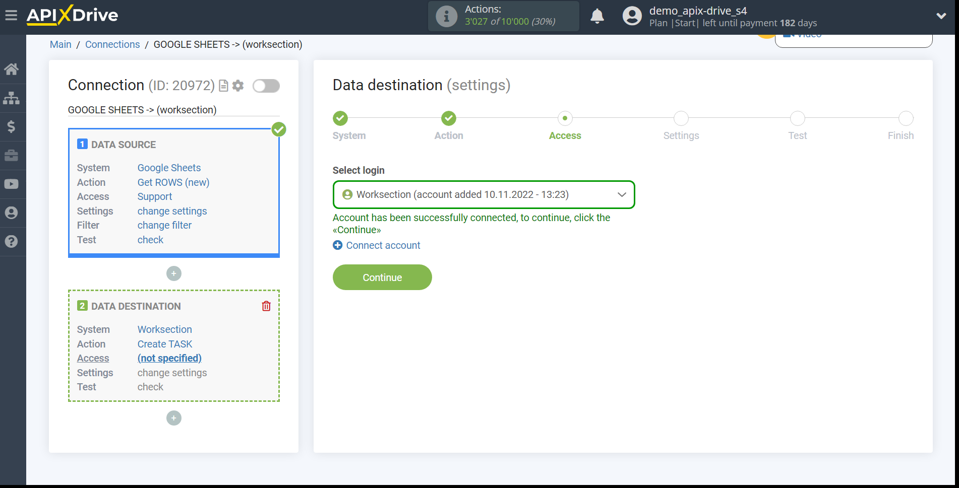 How to Connect Worksection as Data Destination | Account selection How to Connect Worksection as Data Destination | Account selection