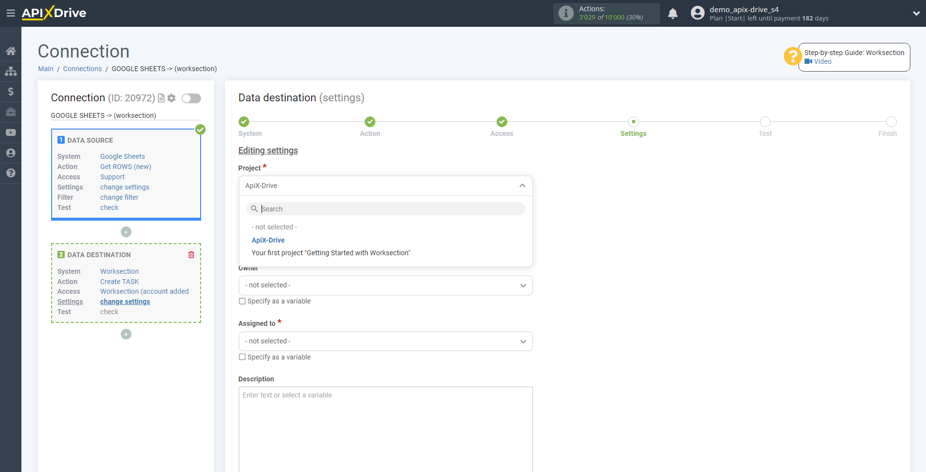 How to Connect Worksection as Data Destination | Assigning fields How to Connect Worksection as Data Destination | Assigning fields