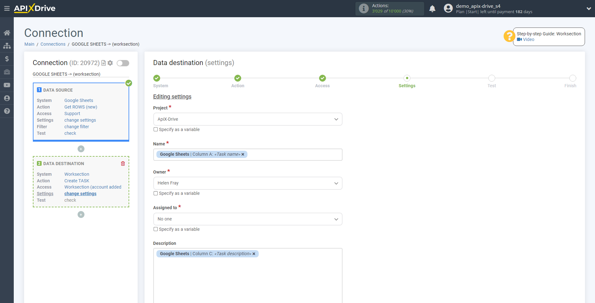 How to Connect Worksection as Data Destination | Assigning fields How to Connect Worksection as Data Destination | Assigning fields