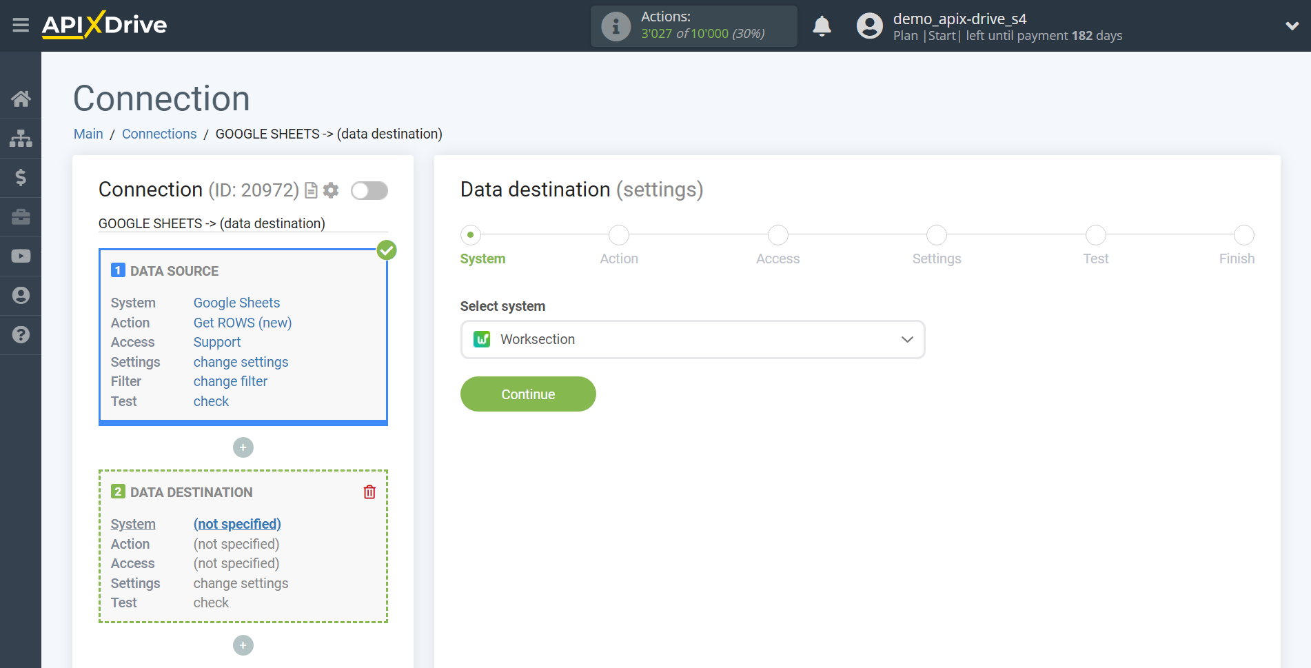 How to Connect Worksection as Data Destination | System selection How to Connect Worksection as Data Destination | System selection