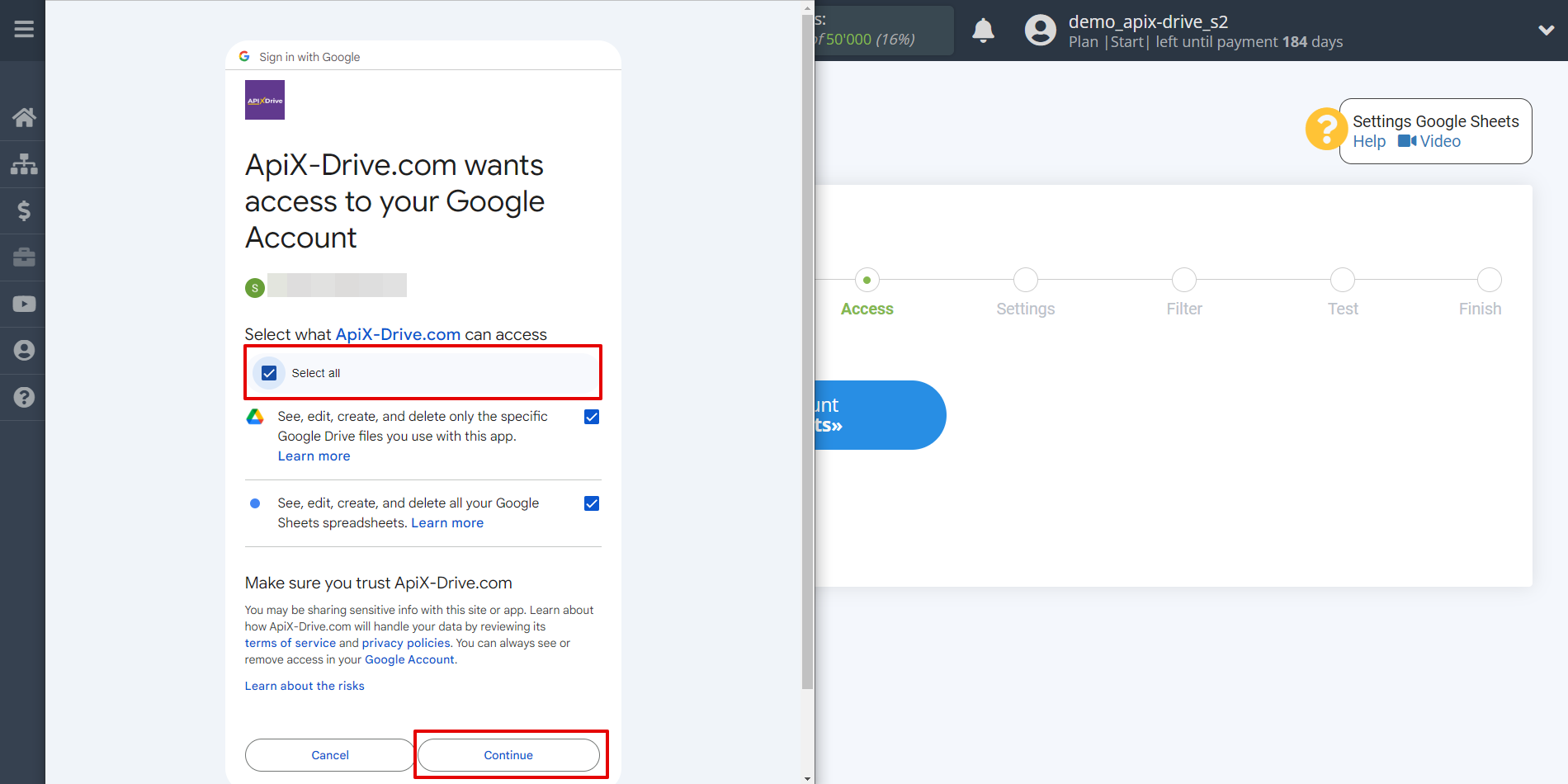 Setting up an Google Sheets to Update rows | Select a Google account to connect Setting up an Google Sheets to Update rows | Select a Google account to connect