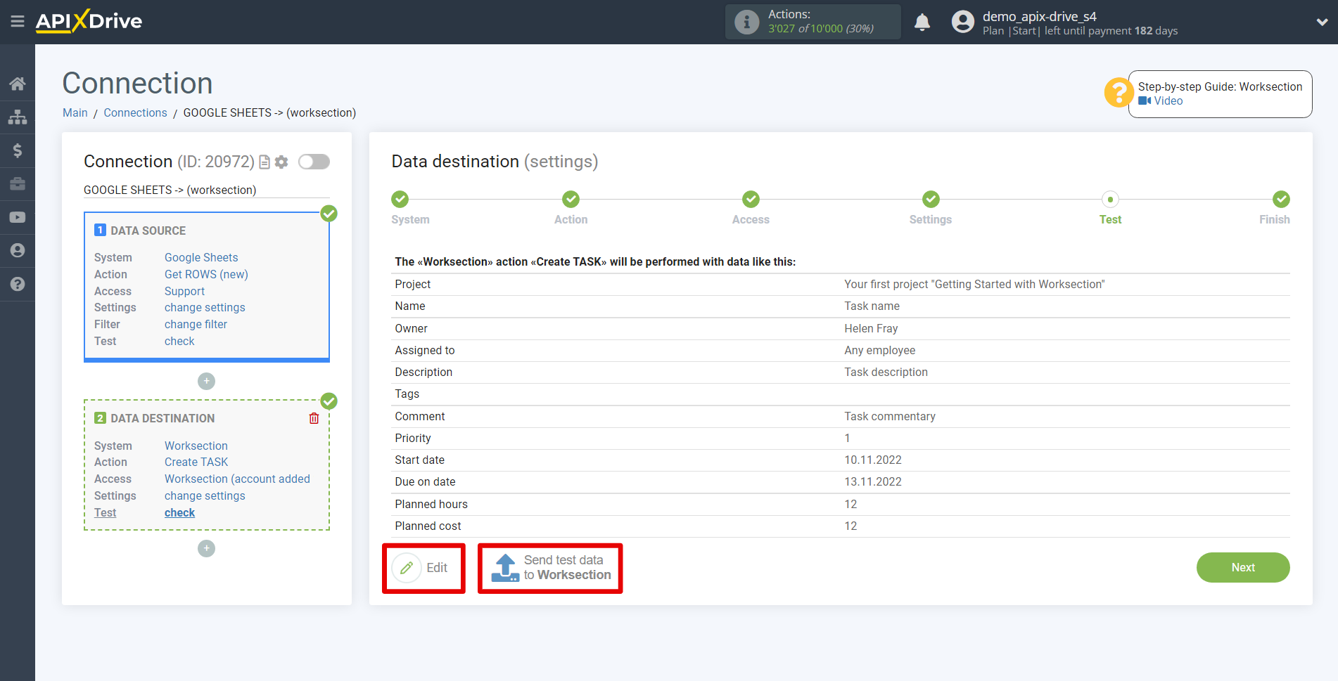 How to Connect Worksection as Data Destination | Test data How to Connect Worksection as Data Destination | Test data
