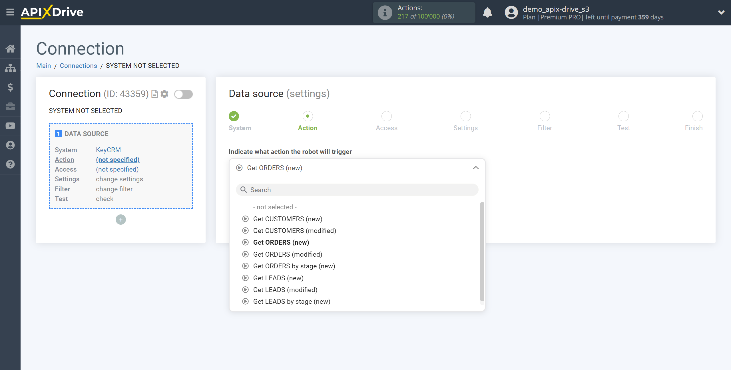 How to Connect KeyCRM as Data Source | Action selection How to Connect KeyCRM as Data Source | Action selection